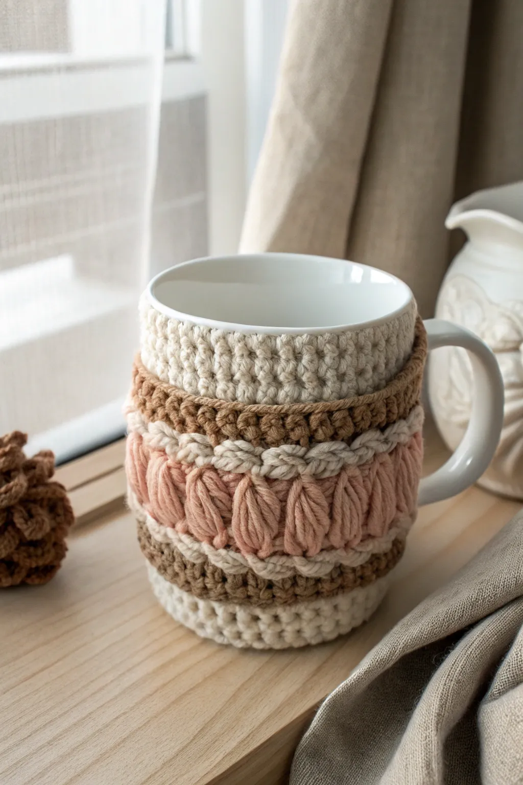 Wrap your mug in warmth and style with a handmade crochet cozy. Perfect for those chilly mornings!