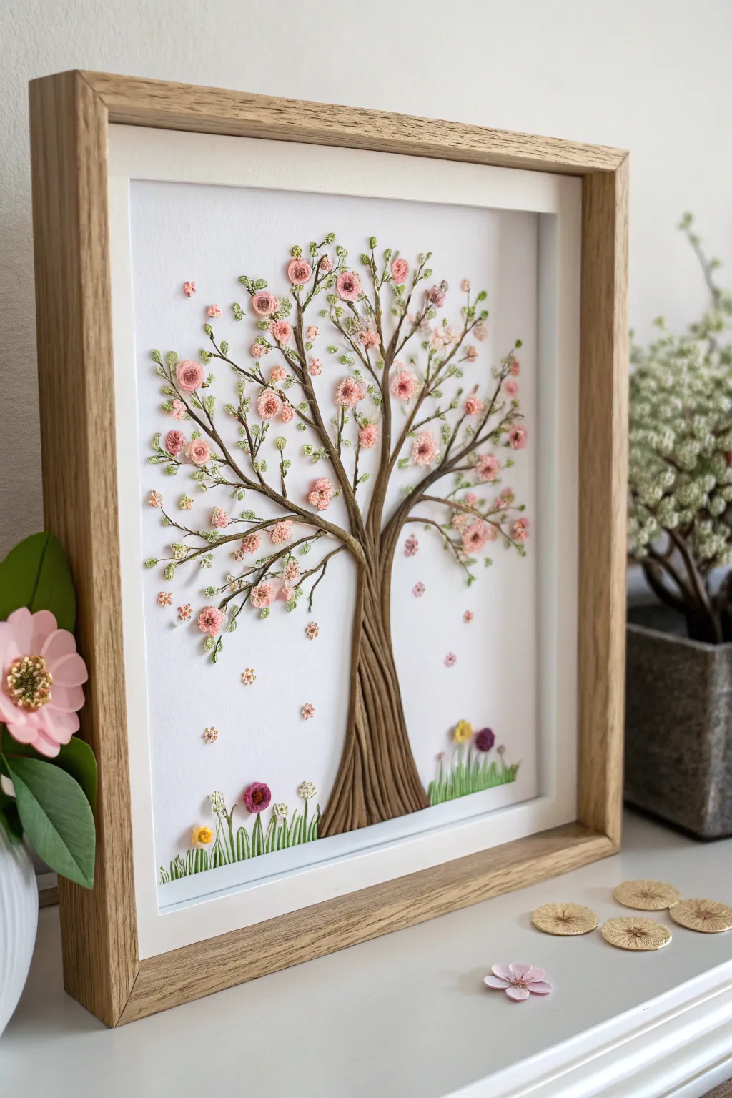 Celebrate the beauty of each season with this stunning quilled tree art, where spring blossoms come to life in delicate detail.