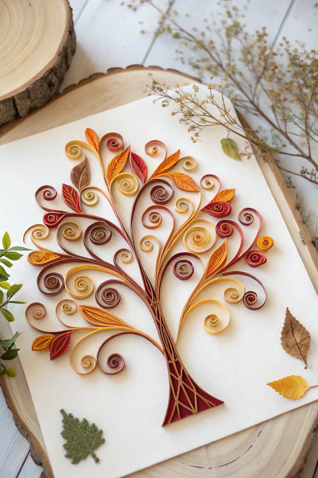 Capture the beauty of autumn with this stunning quilled tree design, a perfect blend of art and nature.