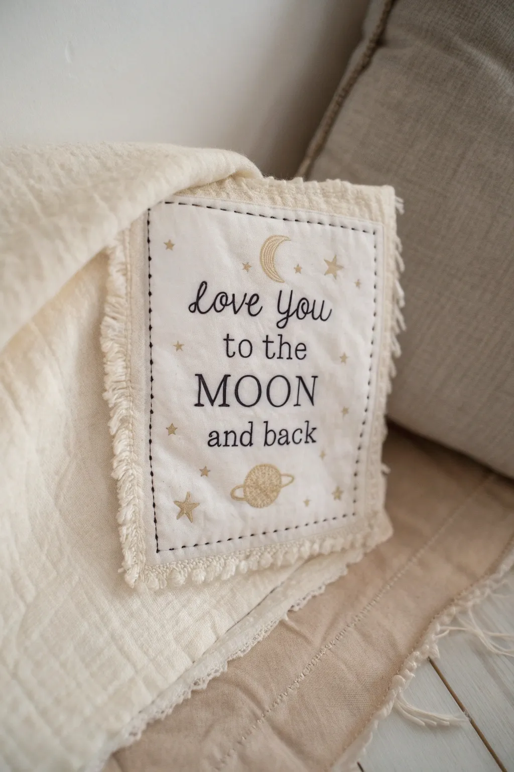 Wrap your little one in cosmic love with this beautifully crafted quilt label.