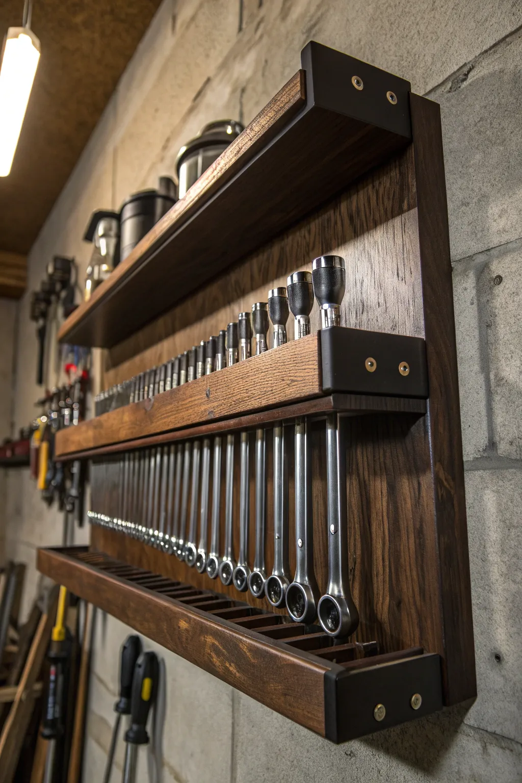 Elevate your workshop with expertly crafted wall-mounted racks that showcase your ratchets in style.