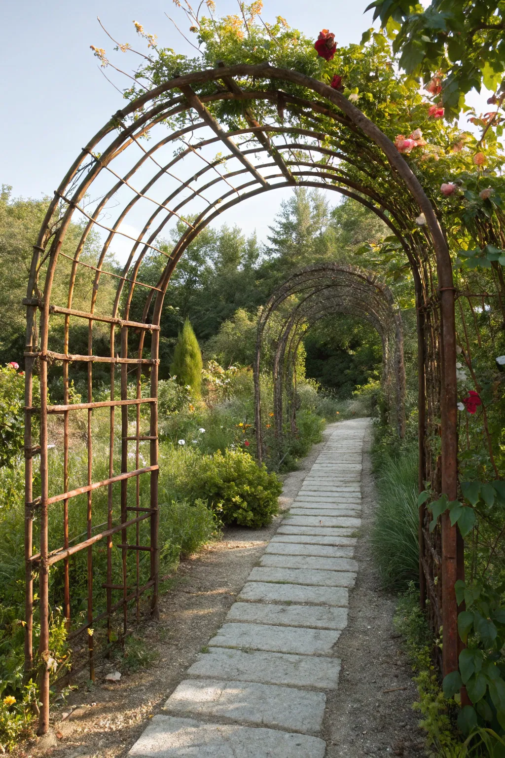 Transform your garden with a stunning rebar archway trellis, where industrial meets nature's artistry.