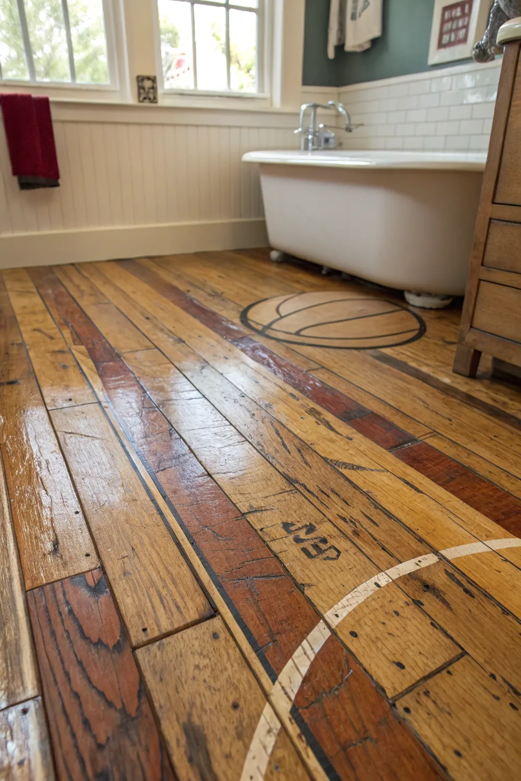 Transform your bathroom into a haven of style with reclaimed basketball court flooring—where rugged durability meets refined elegance.