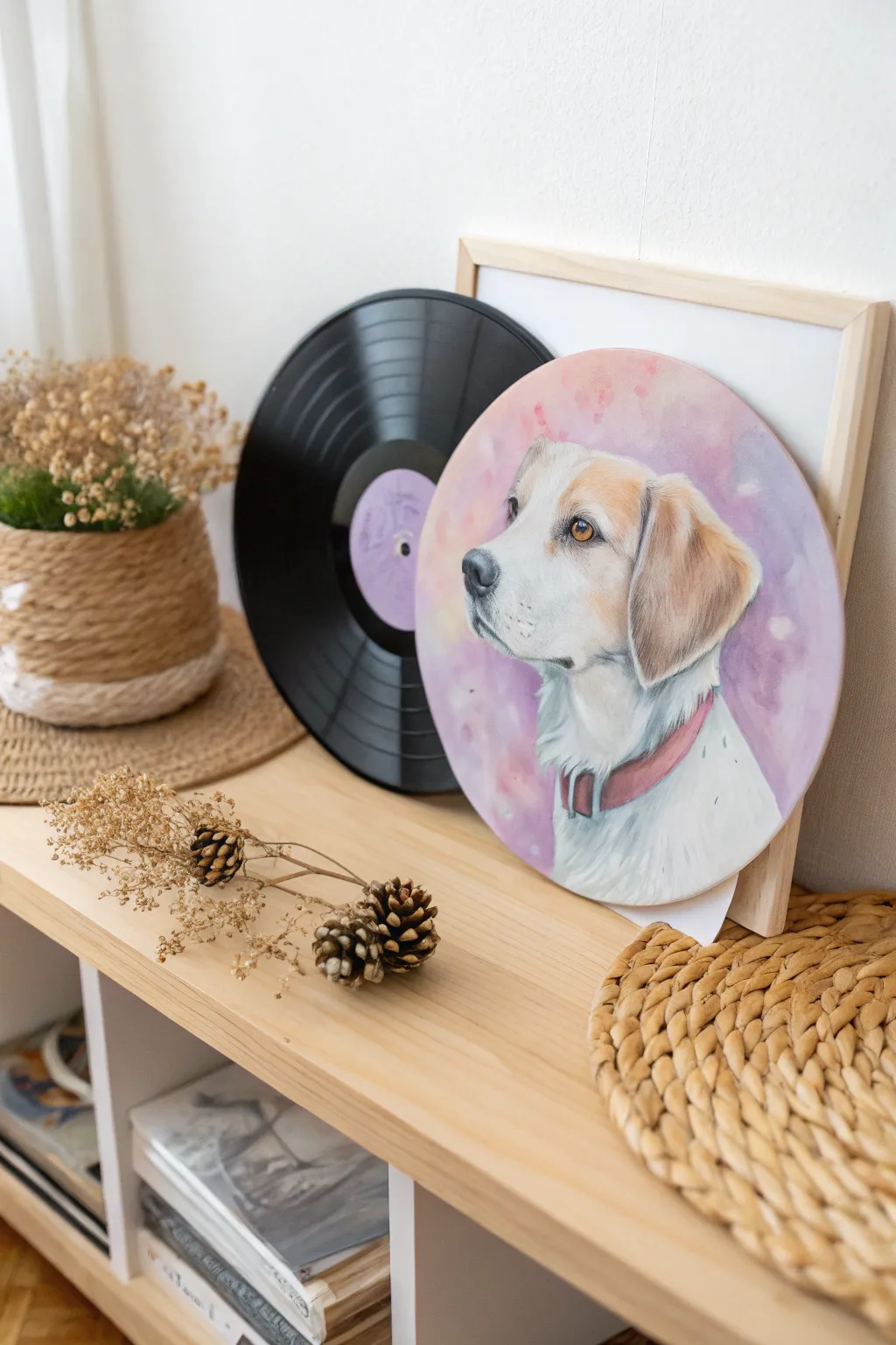 Capture cherished memories with a personalized pet portrait on a vinyl record, blending minimalist elegance with a touch of Boho charm.
