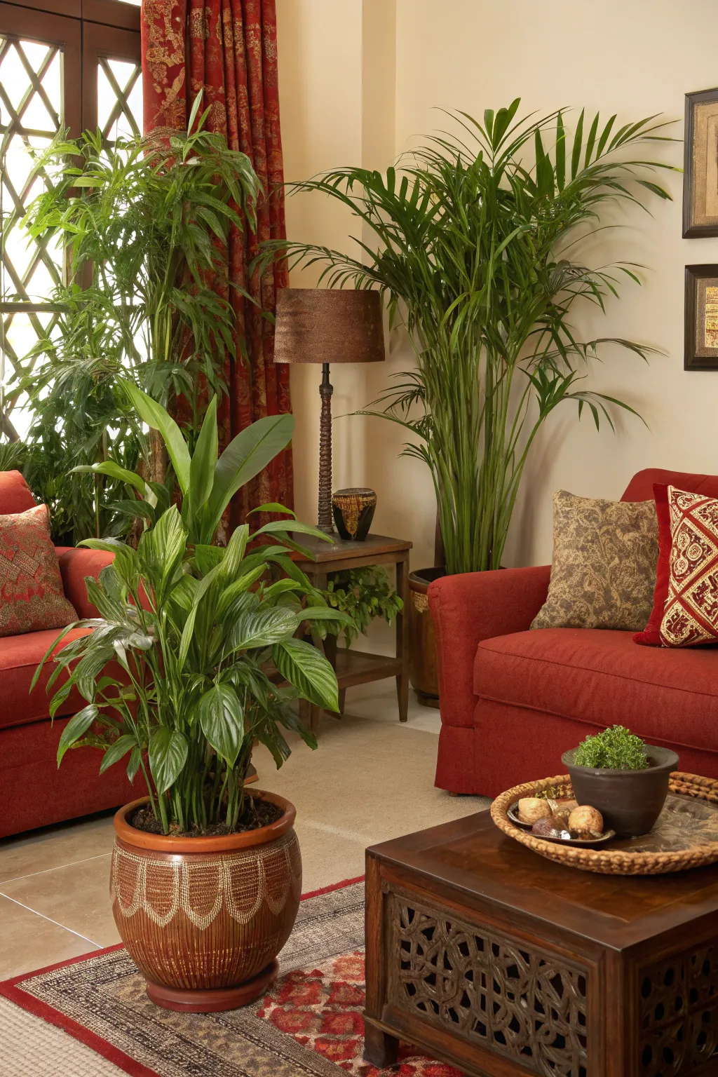 Greenery provides a refreshing contrast to warm red and brown hues.