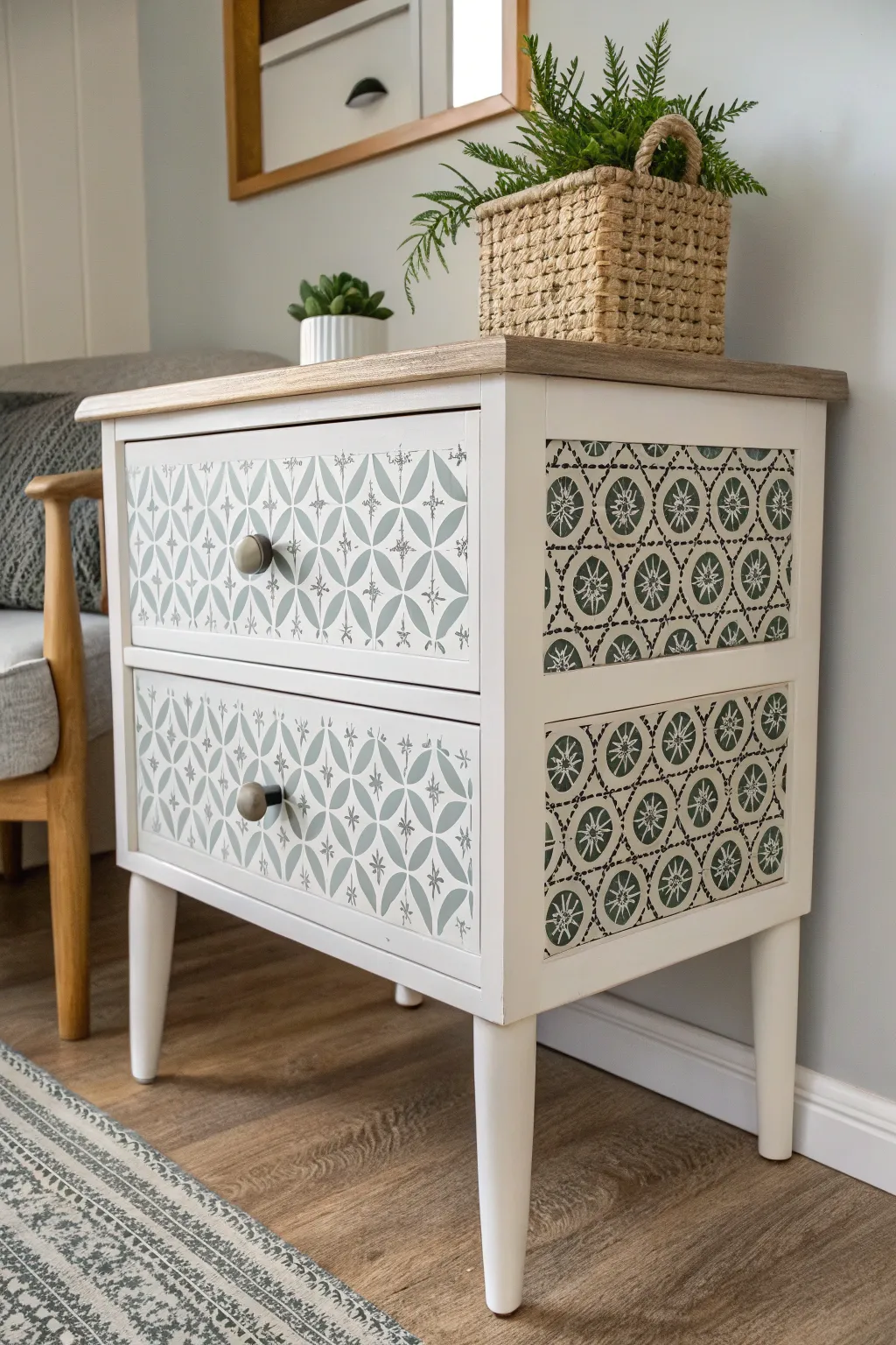 Transform your space with a touch of artistry: Stencil your nightstand for a chic, personalized look.