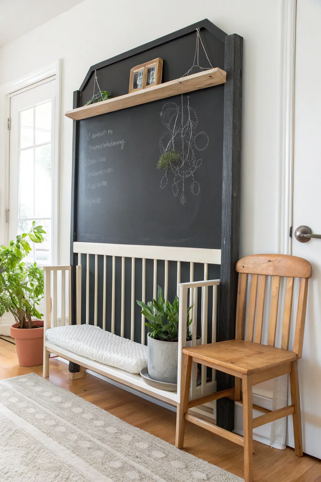 Transform your space with elegance and creativity: A chic chalkboard station from a repurposed crib headboard!