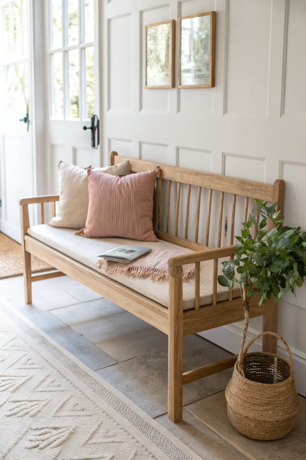 Transform your old bed frame into a chic entryway bench, blending minimalist elegance with Boho flair.