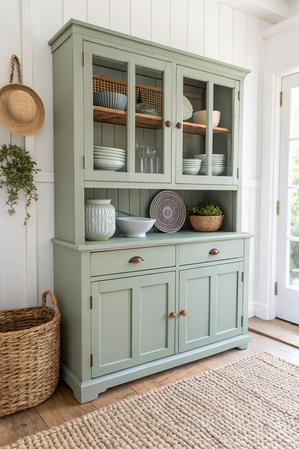 Transform your entryway with a chic console crafted from a repurposed china cabinet, blending minimalist elegance with boho charm.