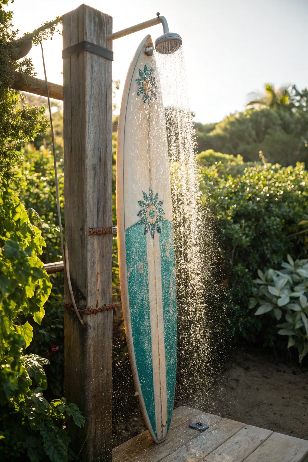 Transform your outdoor space with a surfboard shower backdrop, where craftsmanship meets coastal charm.