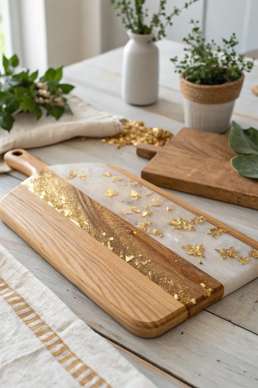 Elevate your entertaining with this luxurious resin charcuterie board, featuring exquisite gold leaf accents for a touch of elegance.