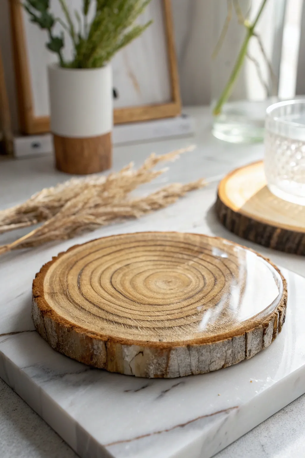 Elevate your table setting with the perfect blend of nature and elegance: a stunning wood slice coaster infused with glossy resin.