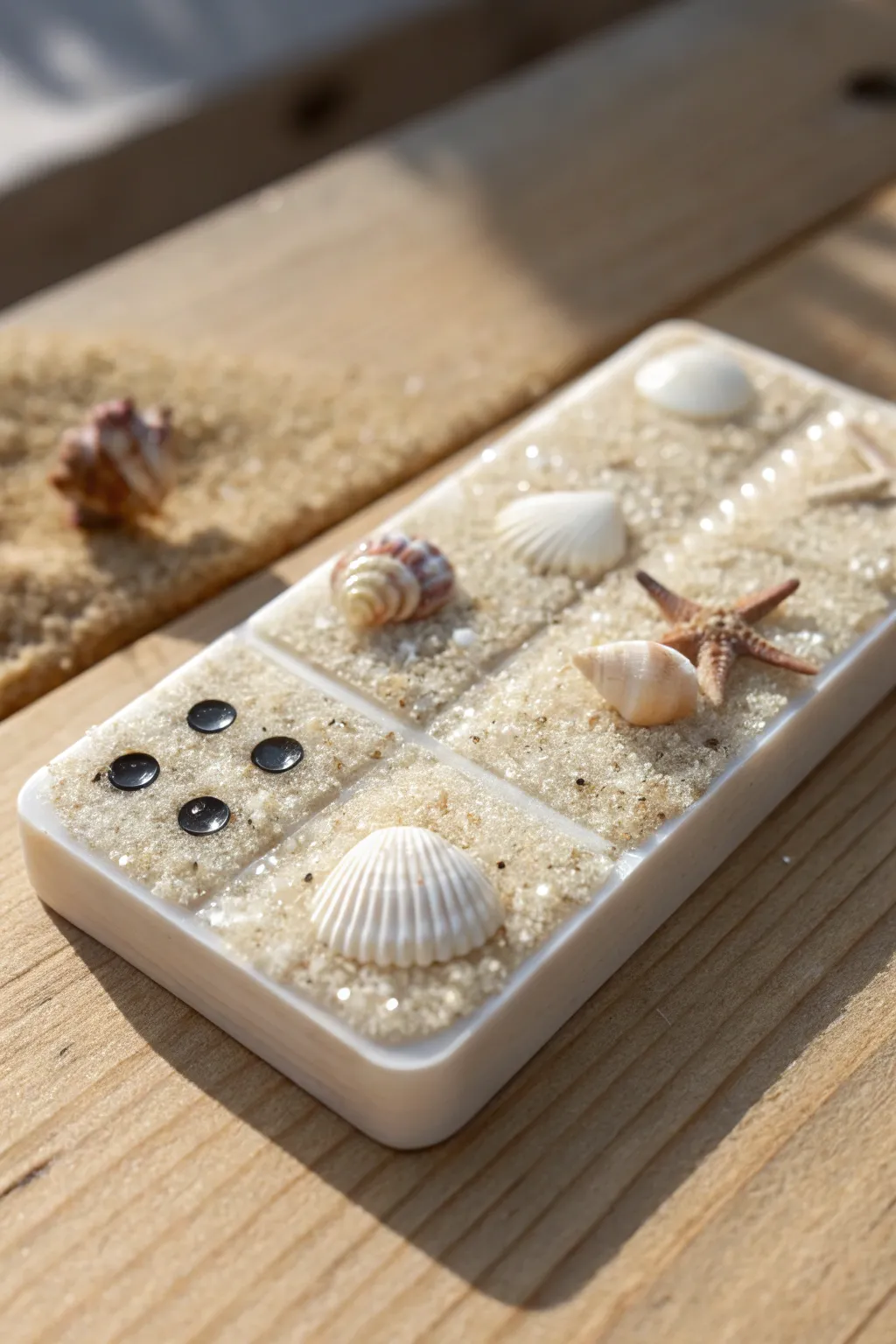 Dive into a miniature beach escape with this beautifully crafted resin domino—where simplicity meets the ocean's charm.