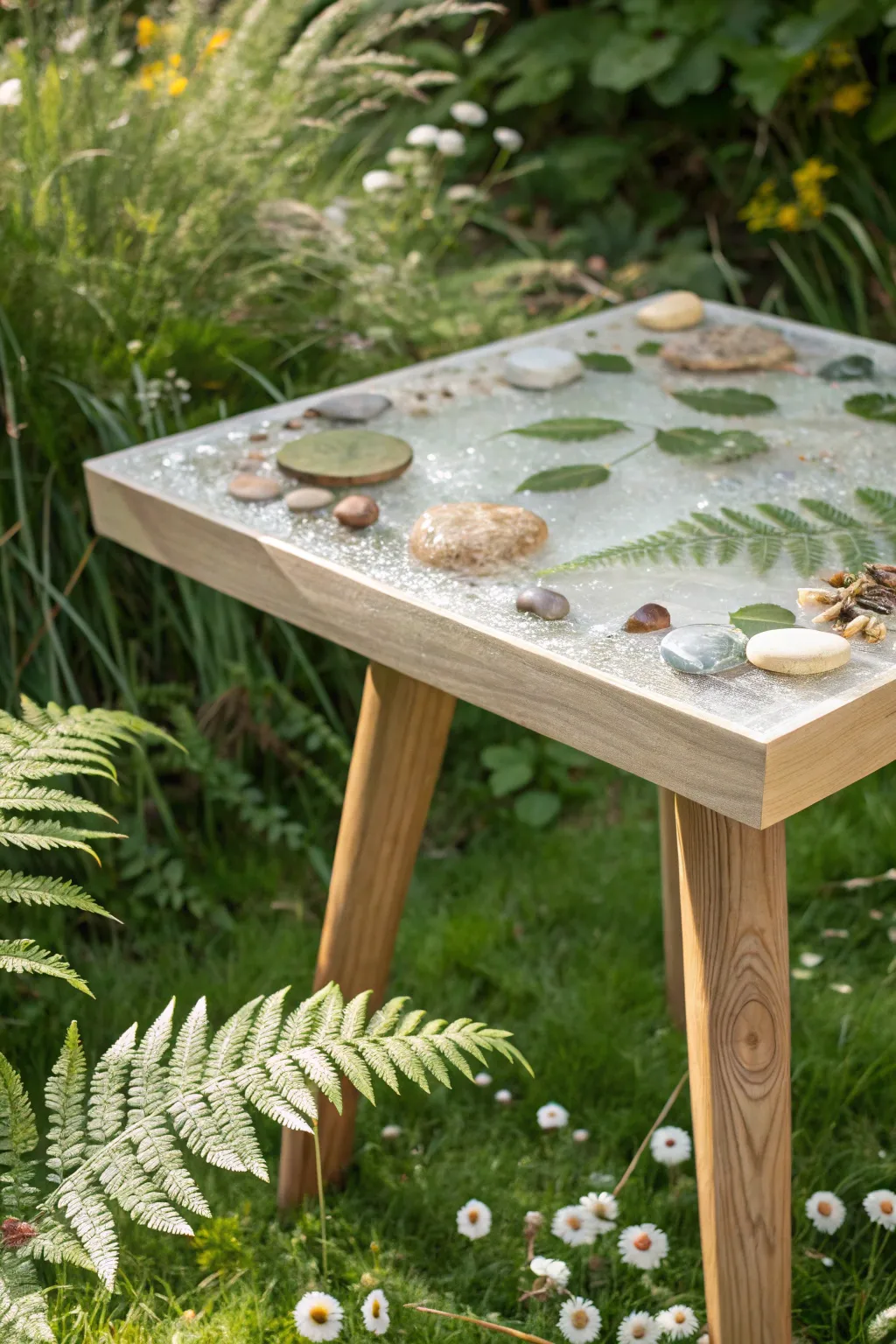 Embrace nature and art with a stunning resin table centerpiece in your garden oasis.