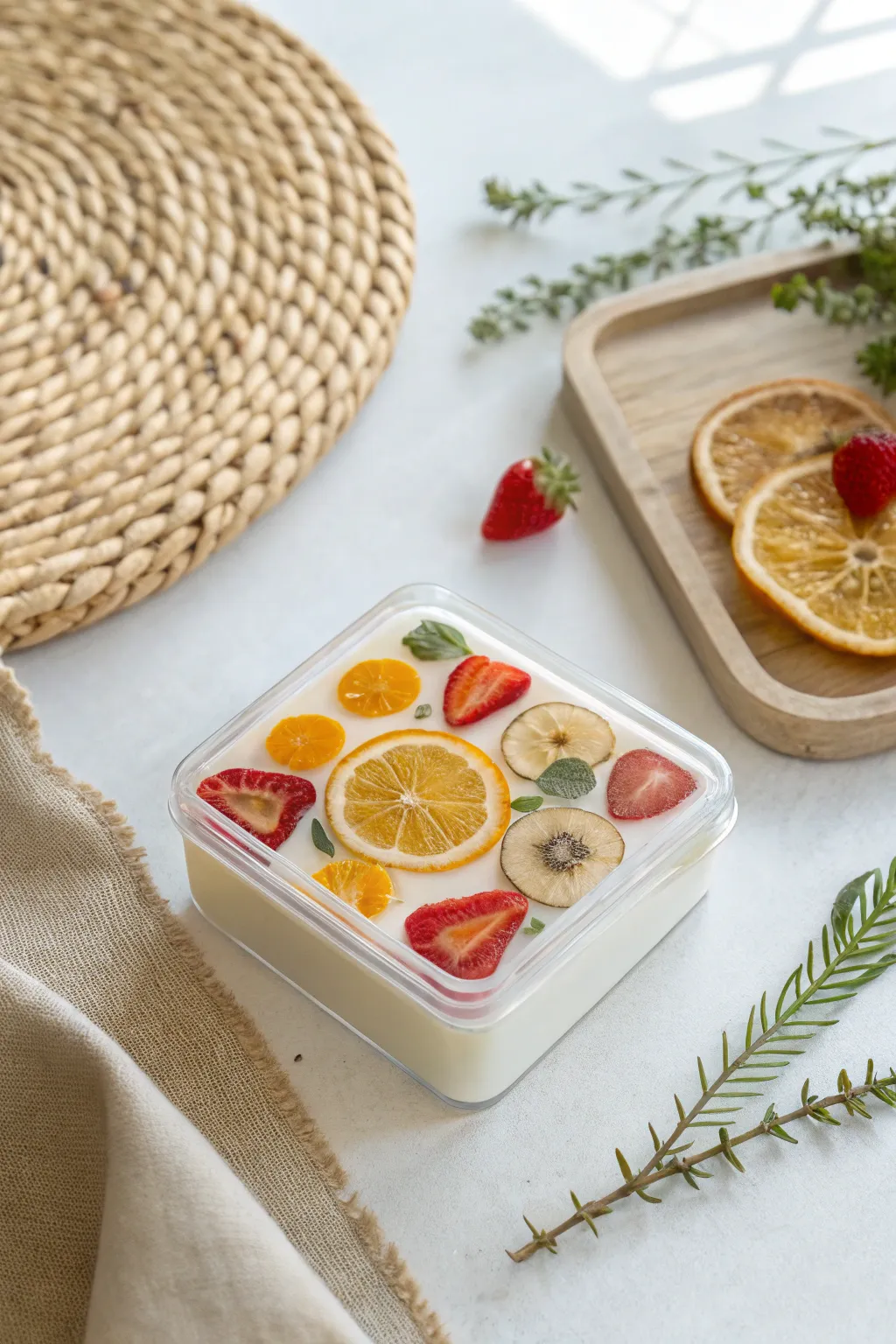 Embrace summer vibes with a touch of playful elegance: a resin trinket box adorned with tiny fruit slices.