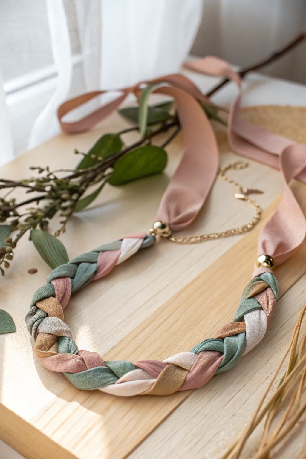 Embrace elegance with a handcrafted fabric-wrapped ribbon necklace, where simplicity meets natural beauty.