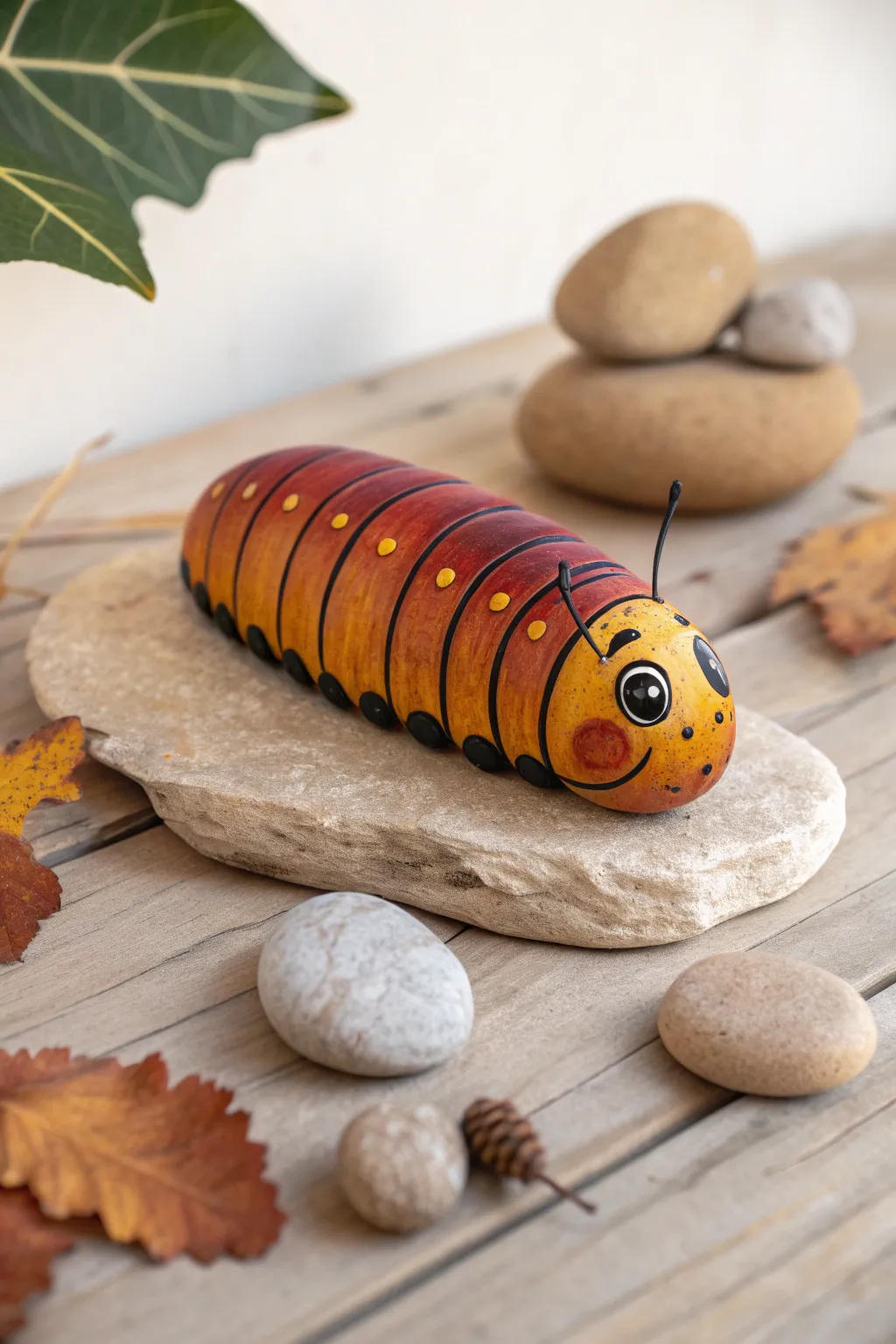 Embrace the beauty of the season with a handcrafted autumnal rock caterpillar. 🍂