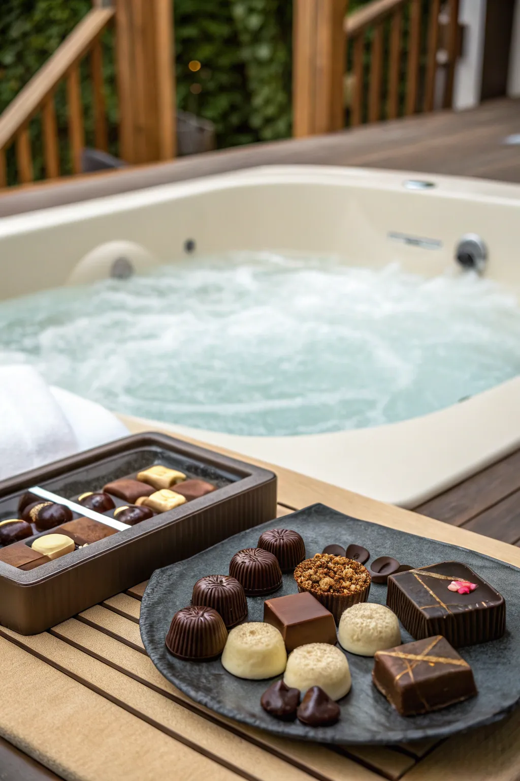 Indulge in chocolate treats for a decadent jacuzzi experience.