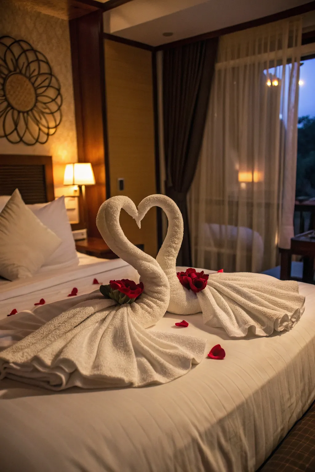 Swan towels provide an elegant decorative touch.