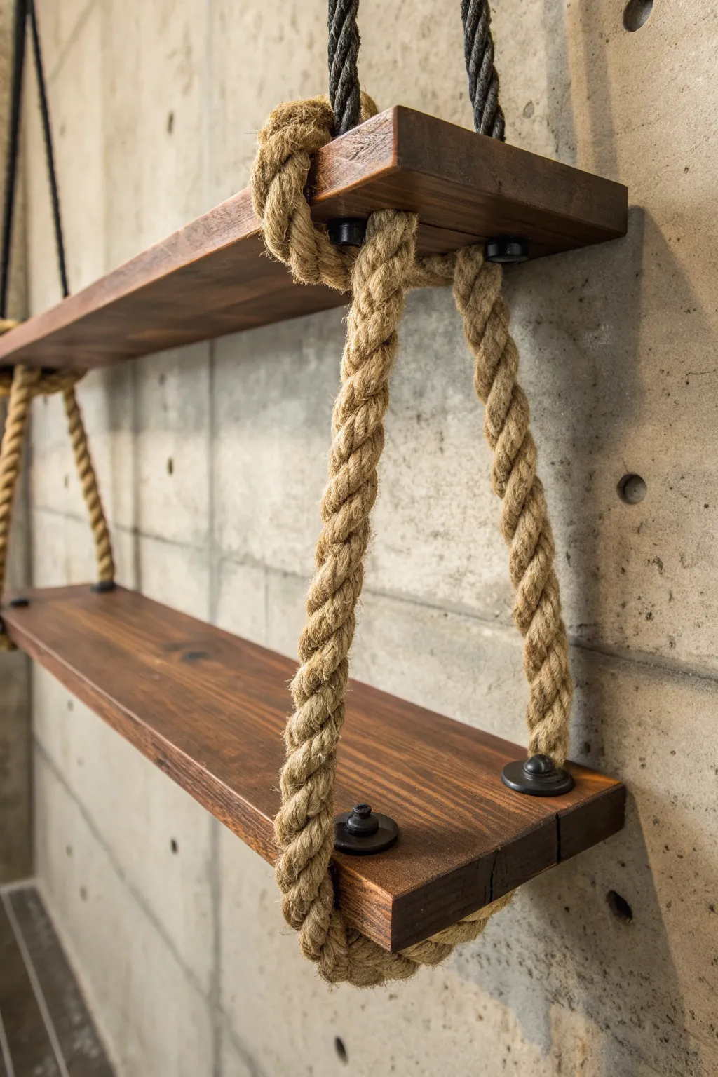 Elevate your living room with this bold industrial chic rope shelf—where craftsmanship meets style.