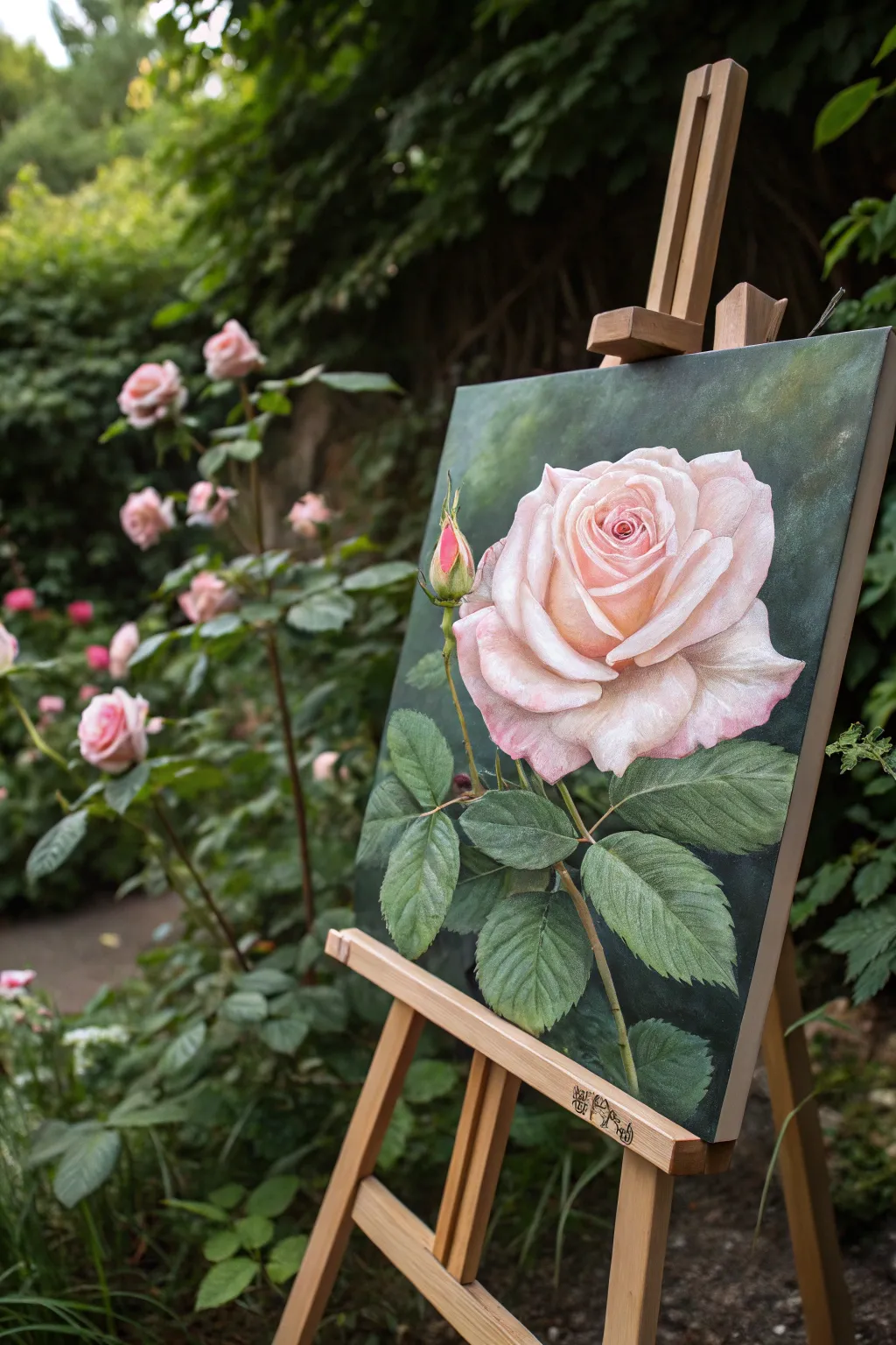Serenity in Bloom: A Minimalist Rose Painting Amidst Nature's Embrace.