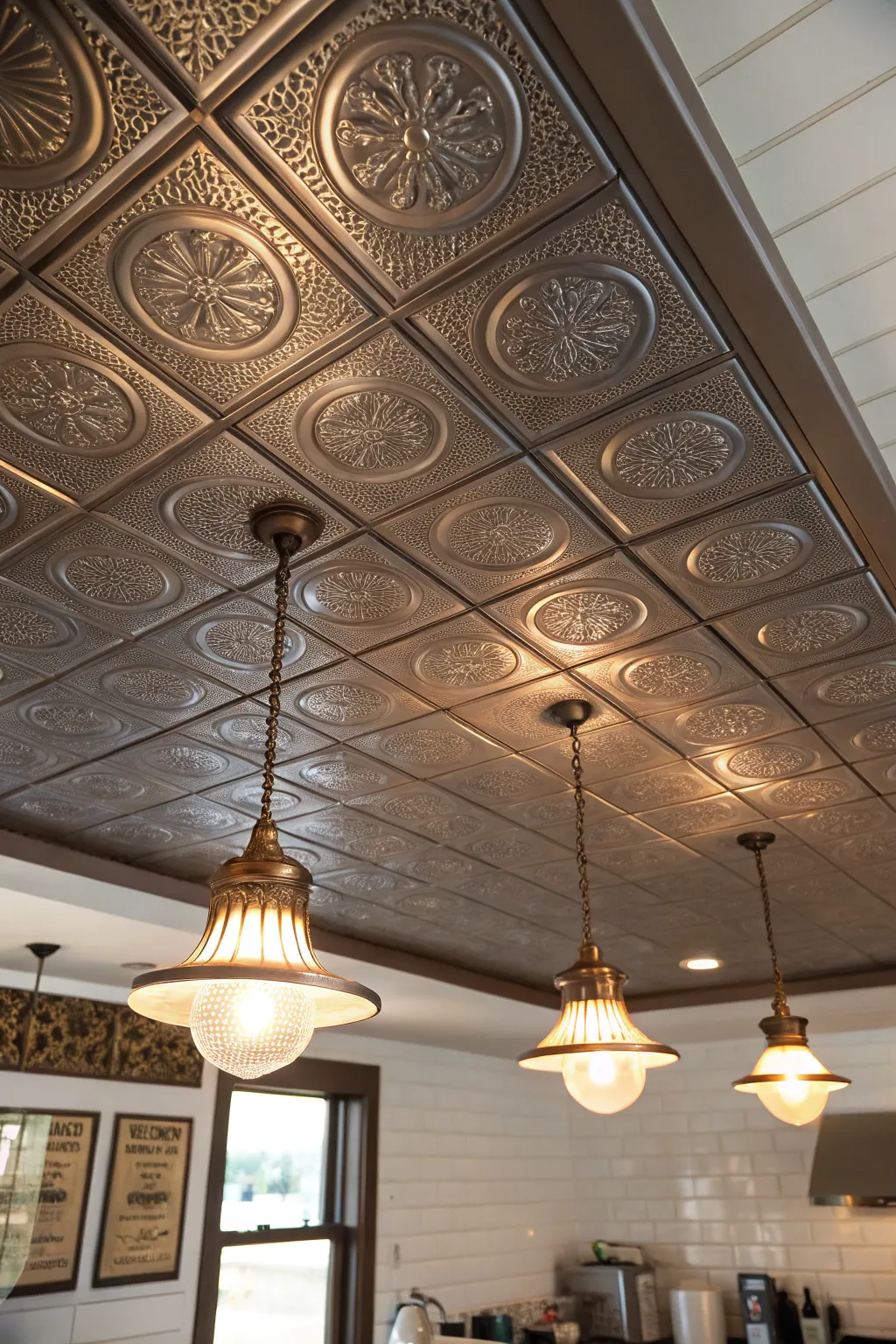 Tin tiles lend vintage elegance to your ceiling.