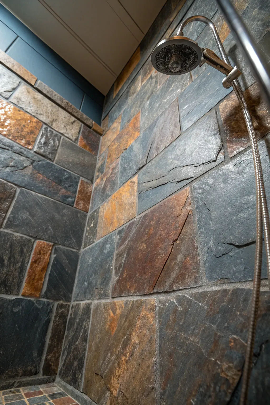 Embrace the elegance of nature with slate sophistication in your shower.