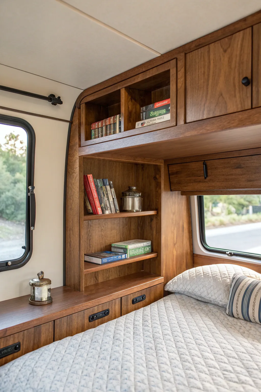 Optimize your RV space with a crafted headboard that offers both style and storage.