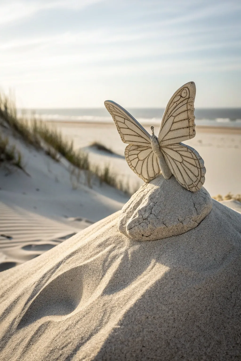 Nature's elegance captured in sand – a delicate butterfly sculpture that whispers the wild's beauty.