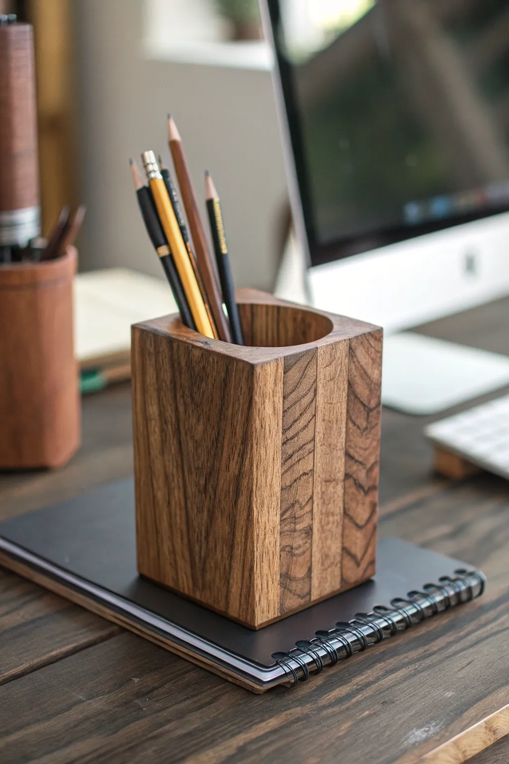 Elevate your desk with a touch of craftsmanship: a handcrafted 4x4 wood pencil holder.