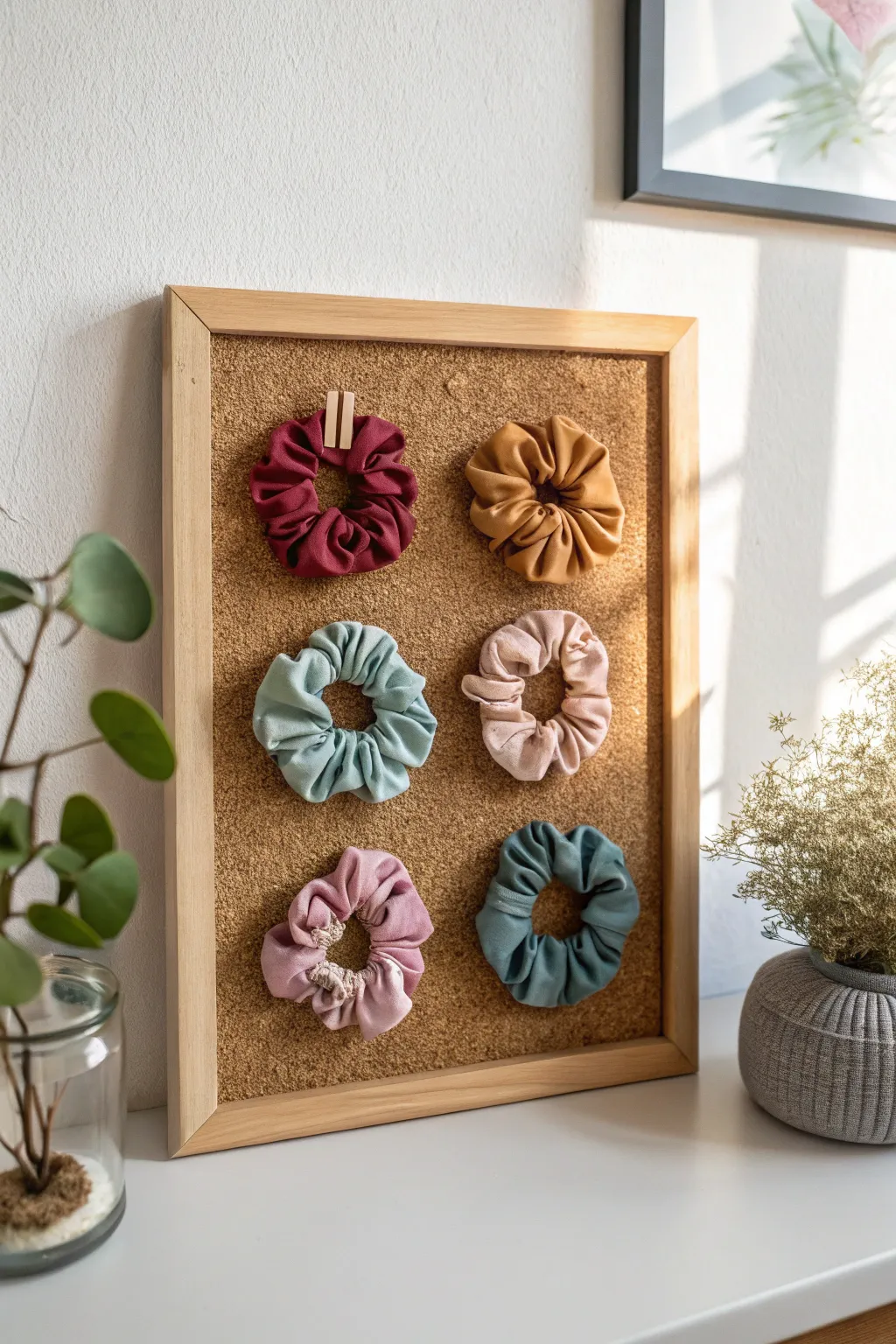Transform your scrunchie collection into a work of art with this chic cork board display.