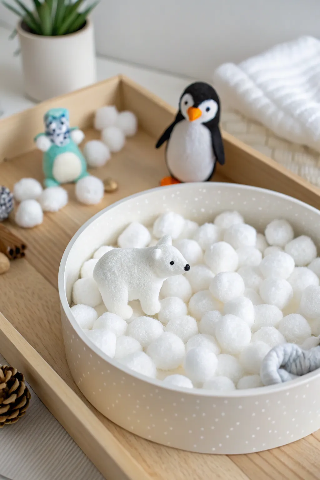Dive into a serene Arctic adventure with this minimalist sensory bin, where soft cotton and charming polar animals invite you to explore the beauty of winter indoors.