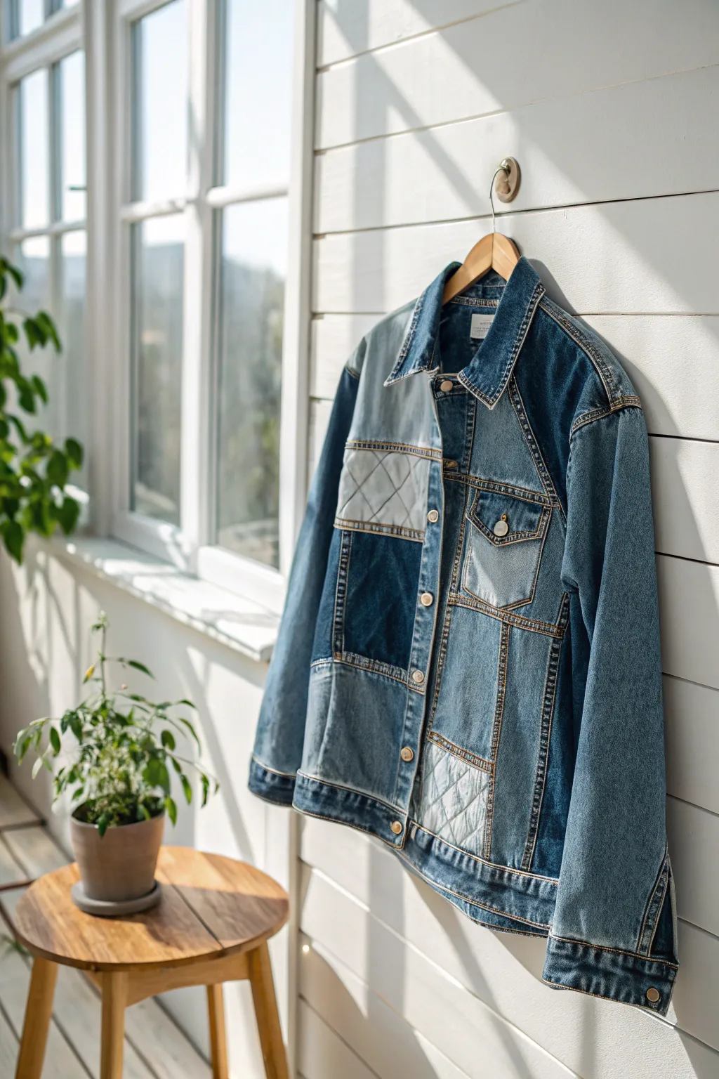 Revamp your wardrobe with this chic upcycled denim jacket, where sustainability meets style.