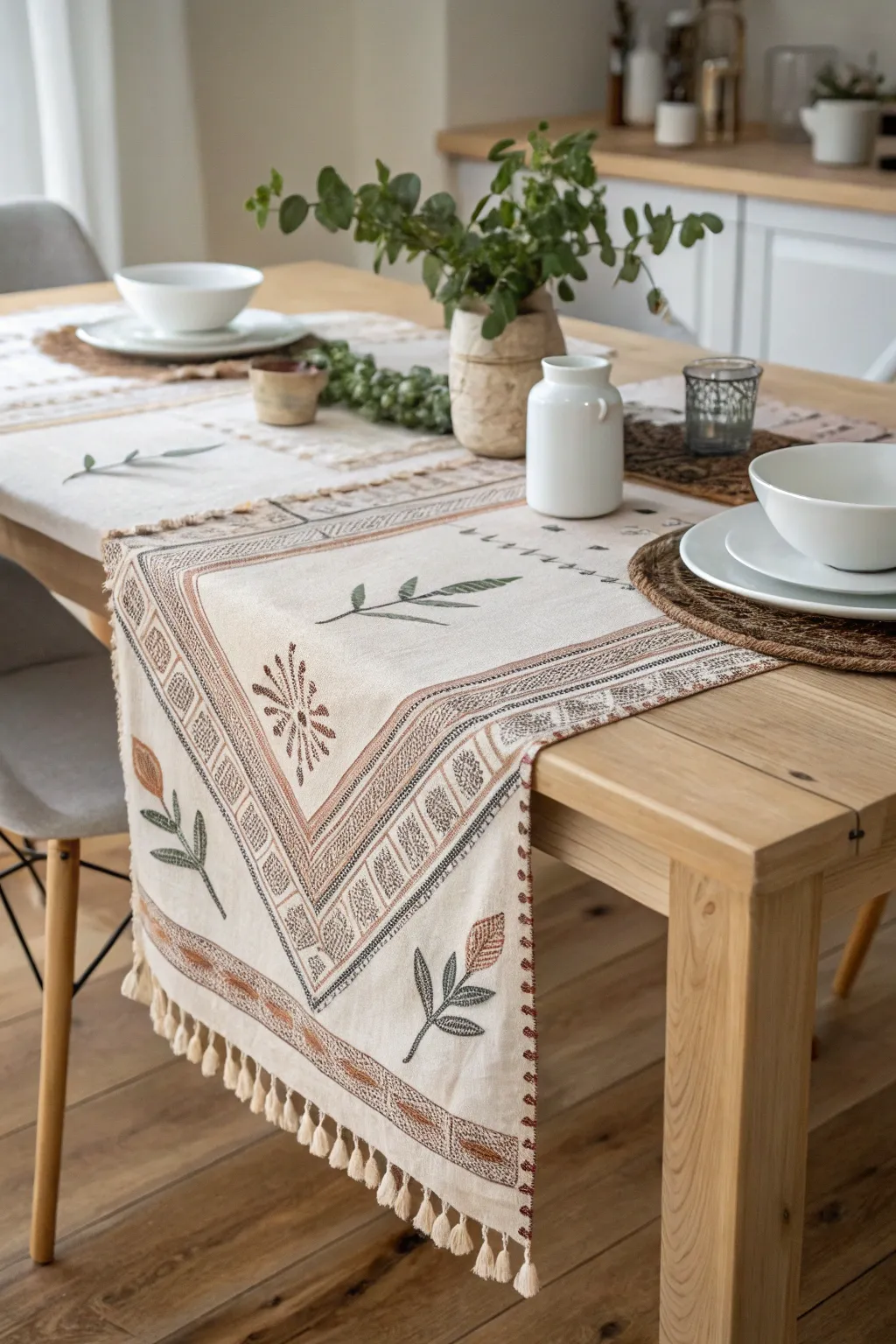 Transform your dining space with a touch of handcrafted elegance. This boho-inspired table runner adds warmth and style to any setting.