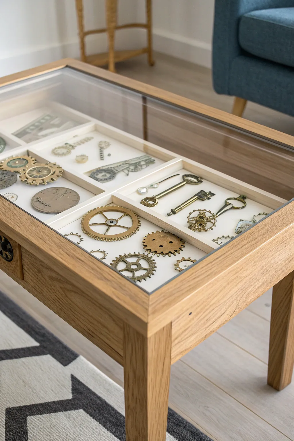 Discover the charm of vintage elegance with this stunning shadow box table, where timeless treasures meet minimalist design.