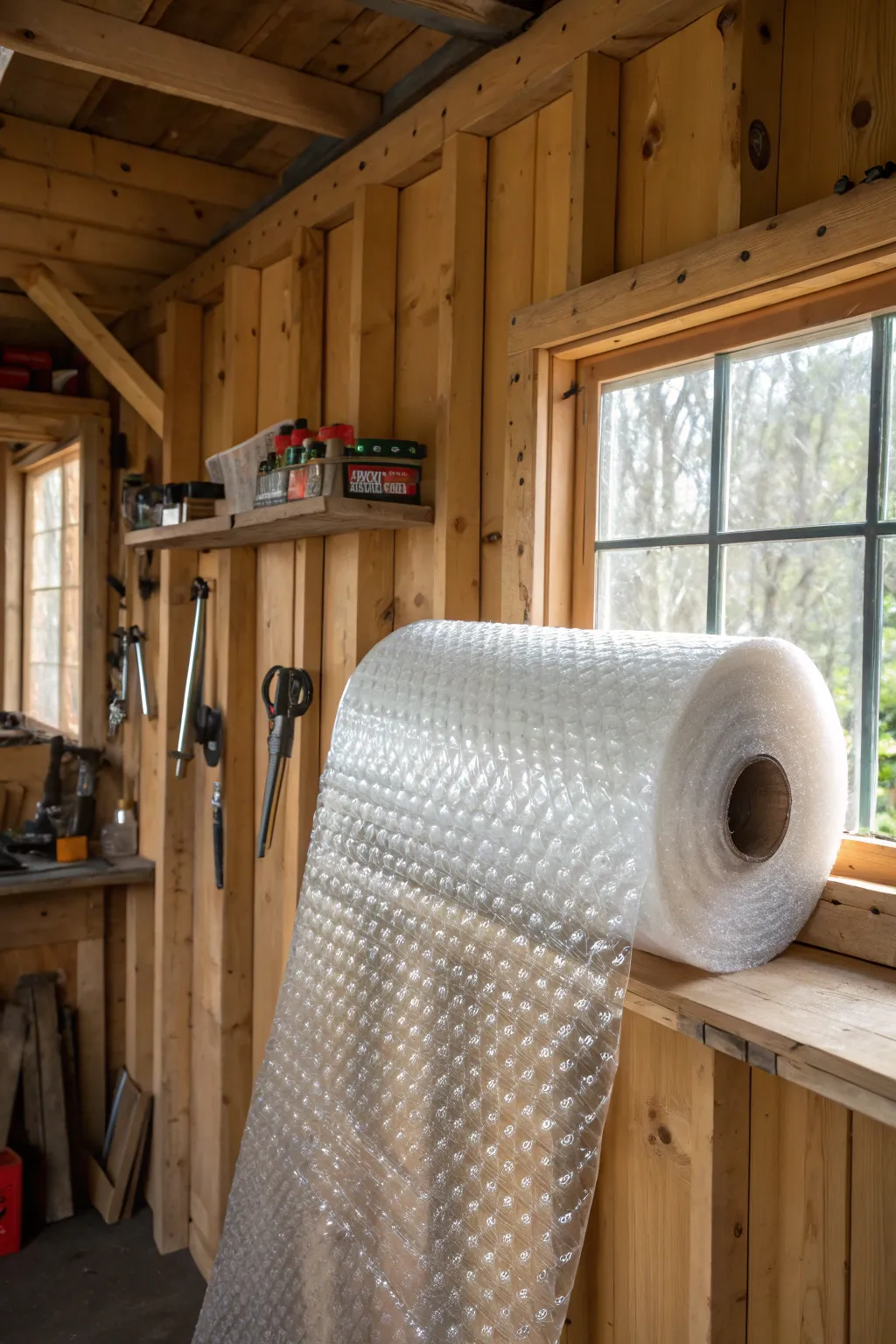 Quirky yet effective: Bubble wrap as a quick insulation fix for your shed.