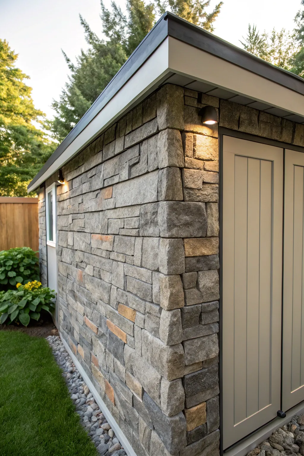 Transform your shed into a masterpiece with elegant faux stone panels that exude sophistication and style.