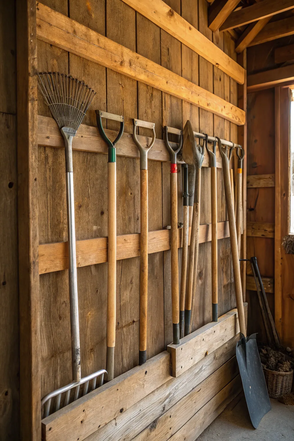 Elevate your shed organization with a stylish wall rack for long-handled tools.