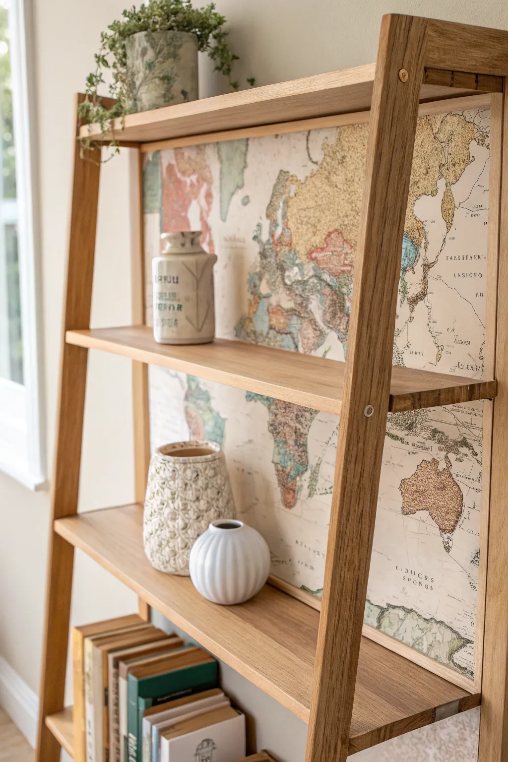 Transform your shelves into a conversation piece with vintage map decoupage. A perfect blend of Scandinavian simplicity and bohemian charm.