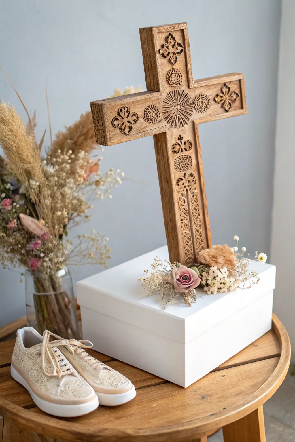 Embrace simplicity and spiritual elegance with a handcrafted cross centerpiece for your ofrenda.