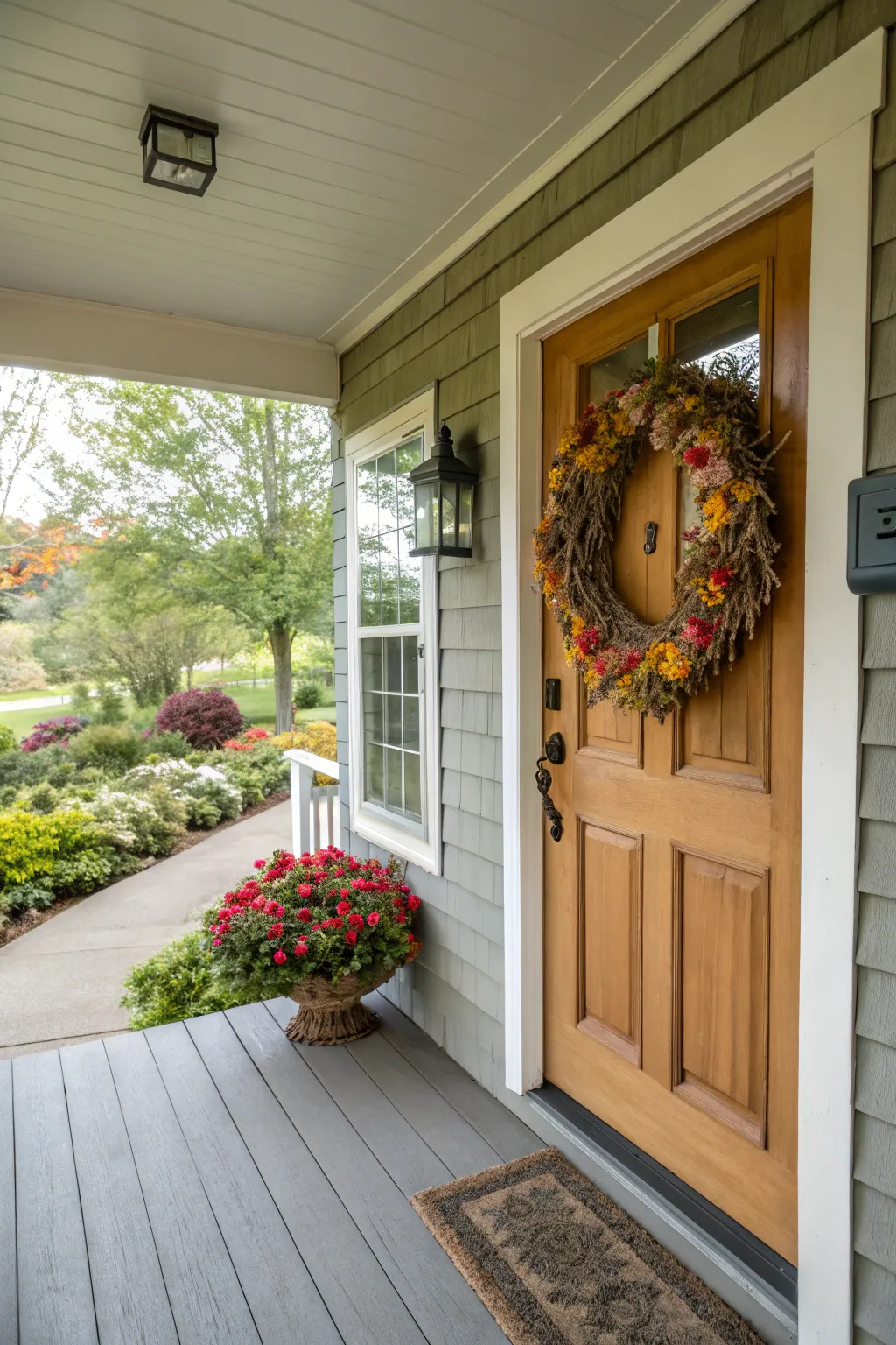 A seasonal wreath adds instant charm to the door.