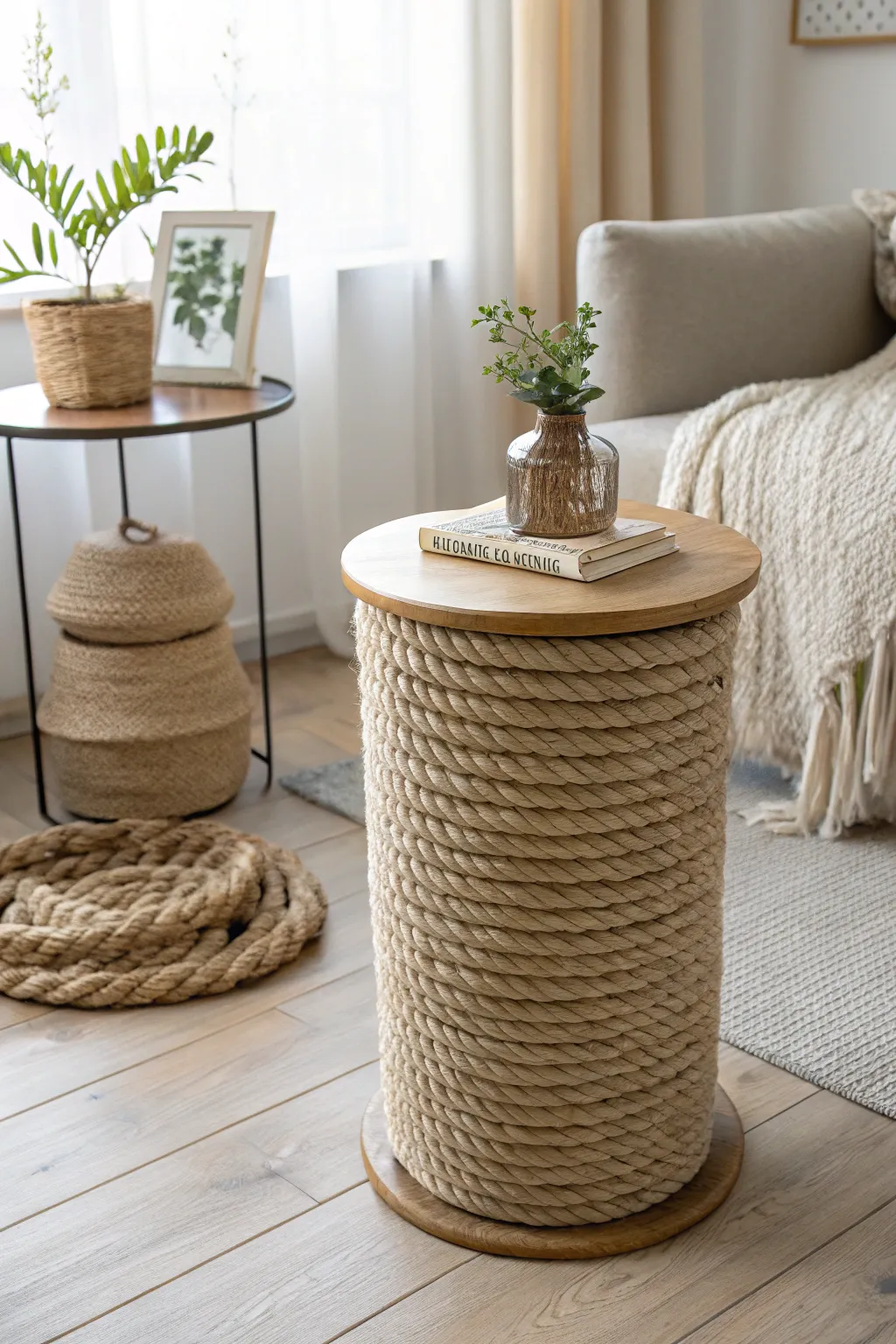 Bring the beach home with this stunning rope-wrapped table, where simplicity meets coastal charm.