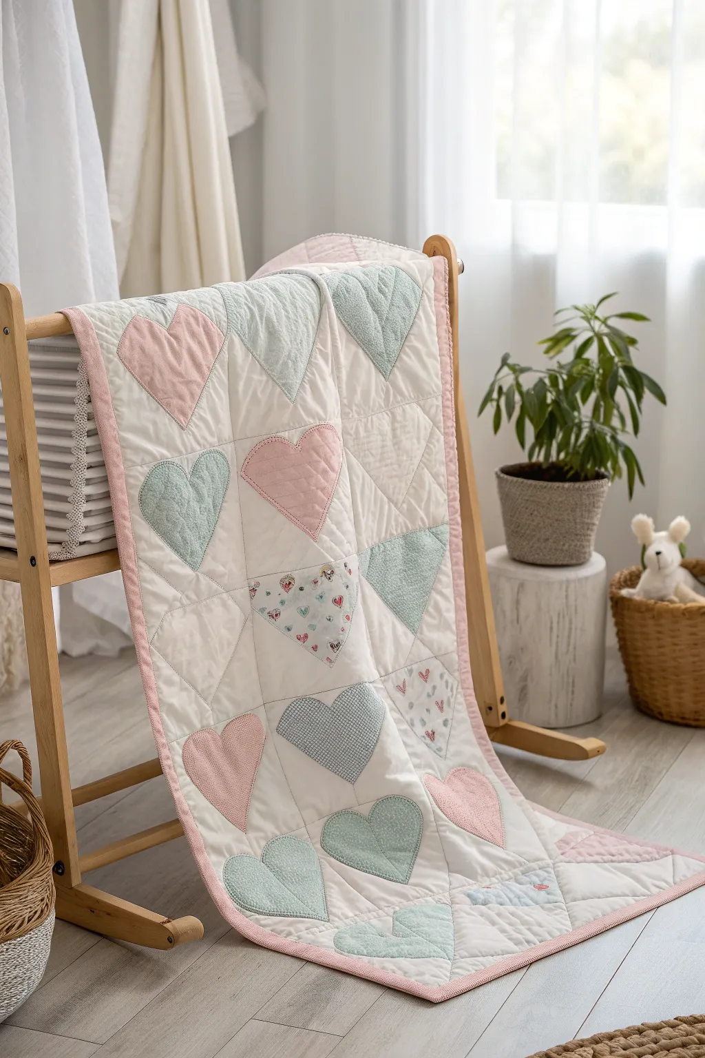 Wrap your little one in love with this charming geometric heart quilt, where simplicity meets elegance.