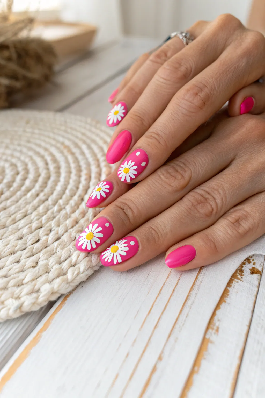 Add a radiant pop to your day with these neon daisy nail designs!