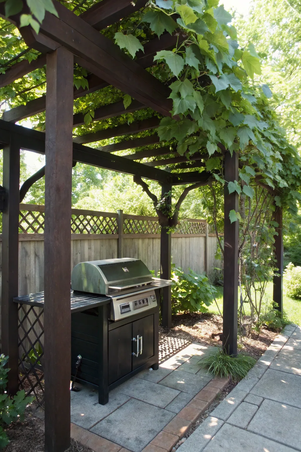 Craft your sanctuary: A stunning vine-covered trellis for your grill.