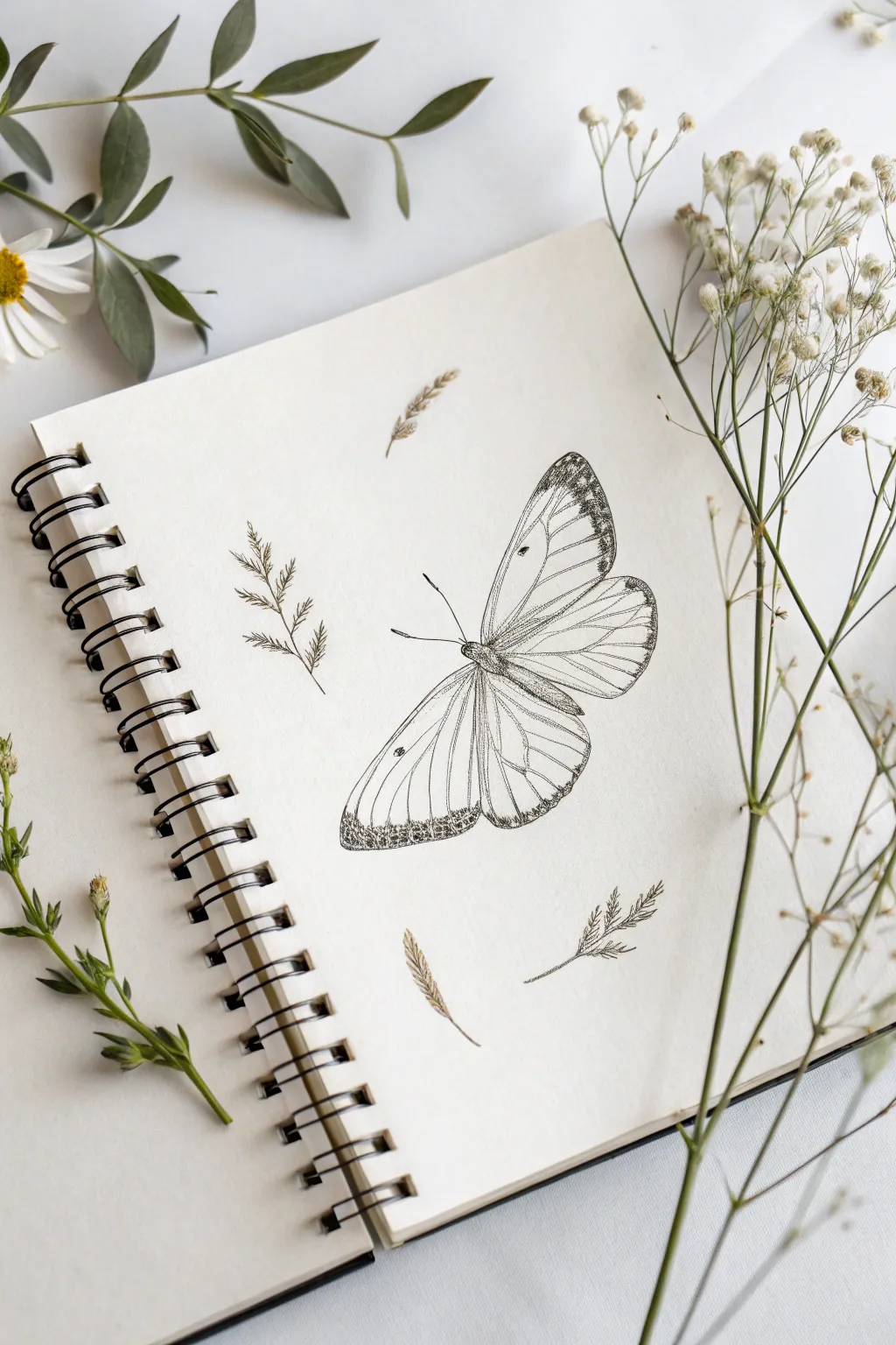 Nature's Elegance: A simple sketch of butterflies and botanicals capturing the essence of minimalist beauty.