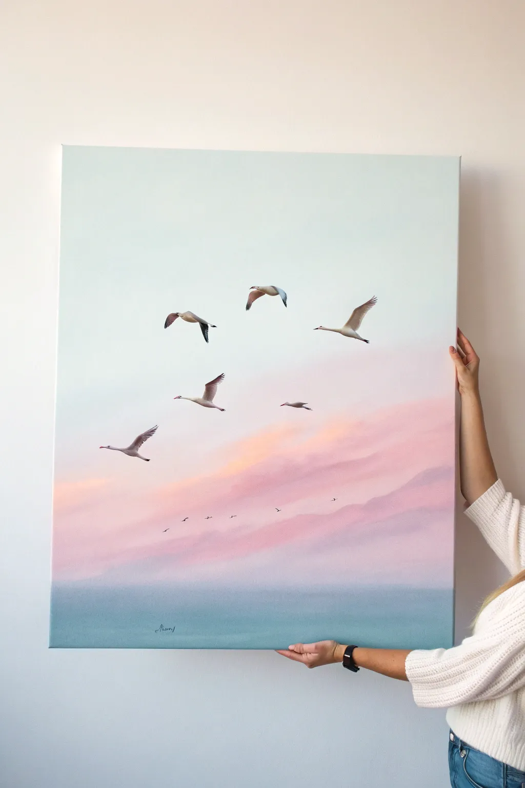 Embrace serene elegance with graceful birds in flight, capturing nature's beauty in minimalist art.