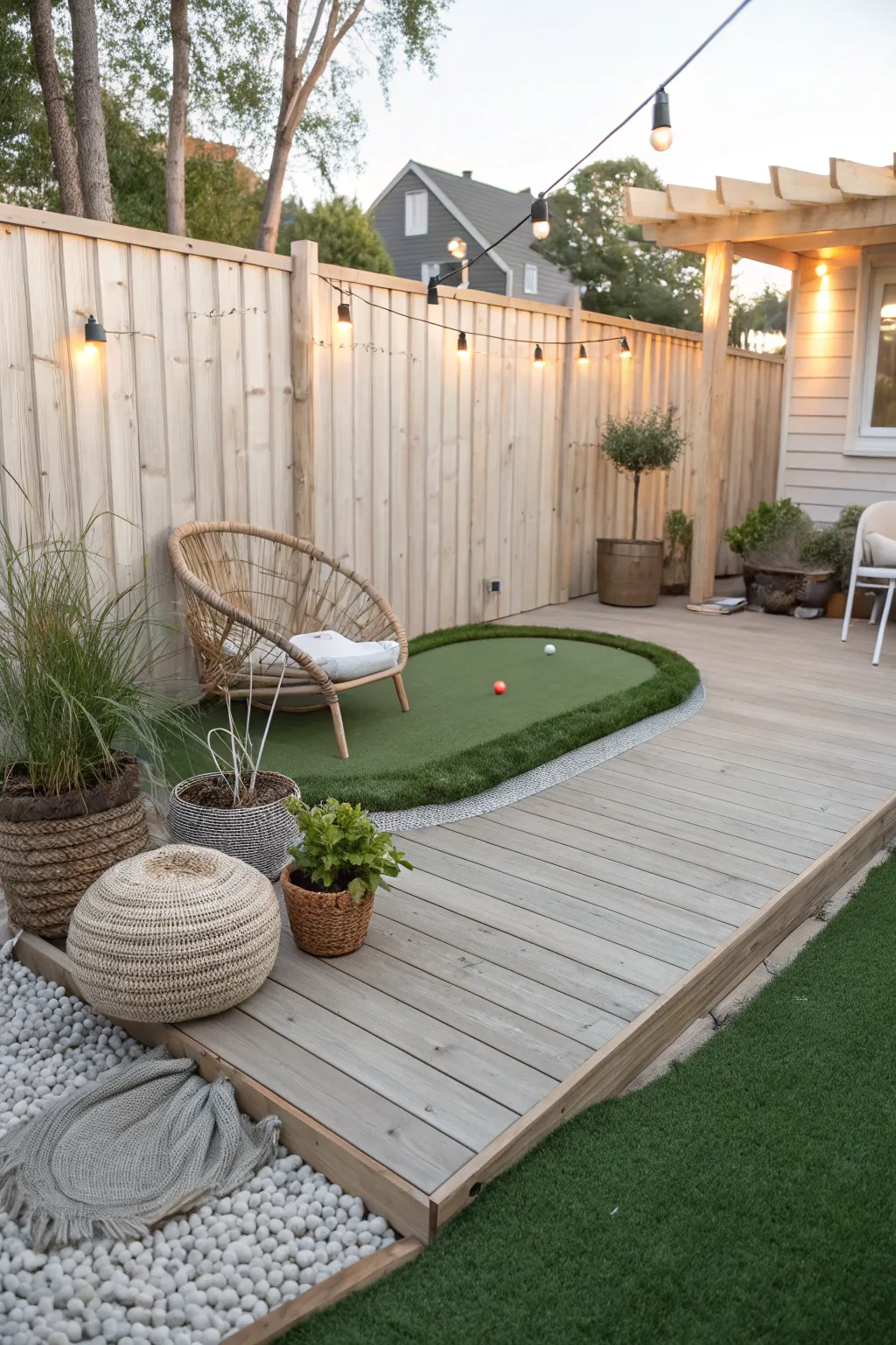 Elevate your backyard with a charming putting green oasis, where Scandinavian simplicity meets Boho flair.