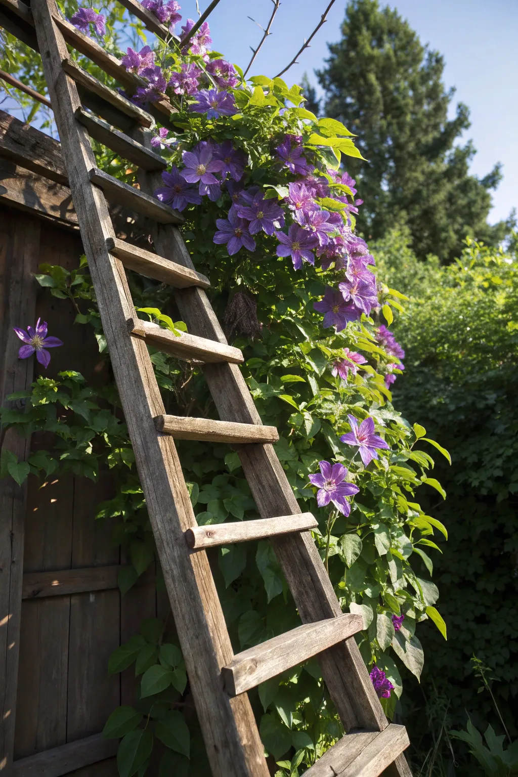 Transform your garden with rustic charm: A weathered ladder as a canvas for nature's artistry.