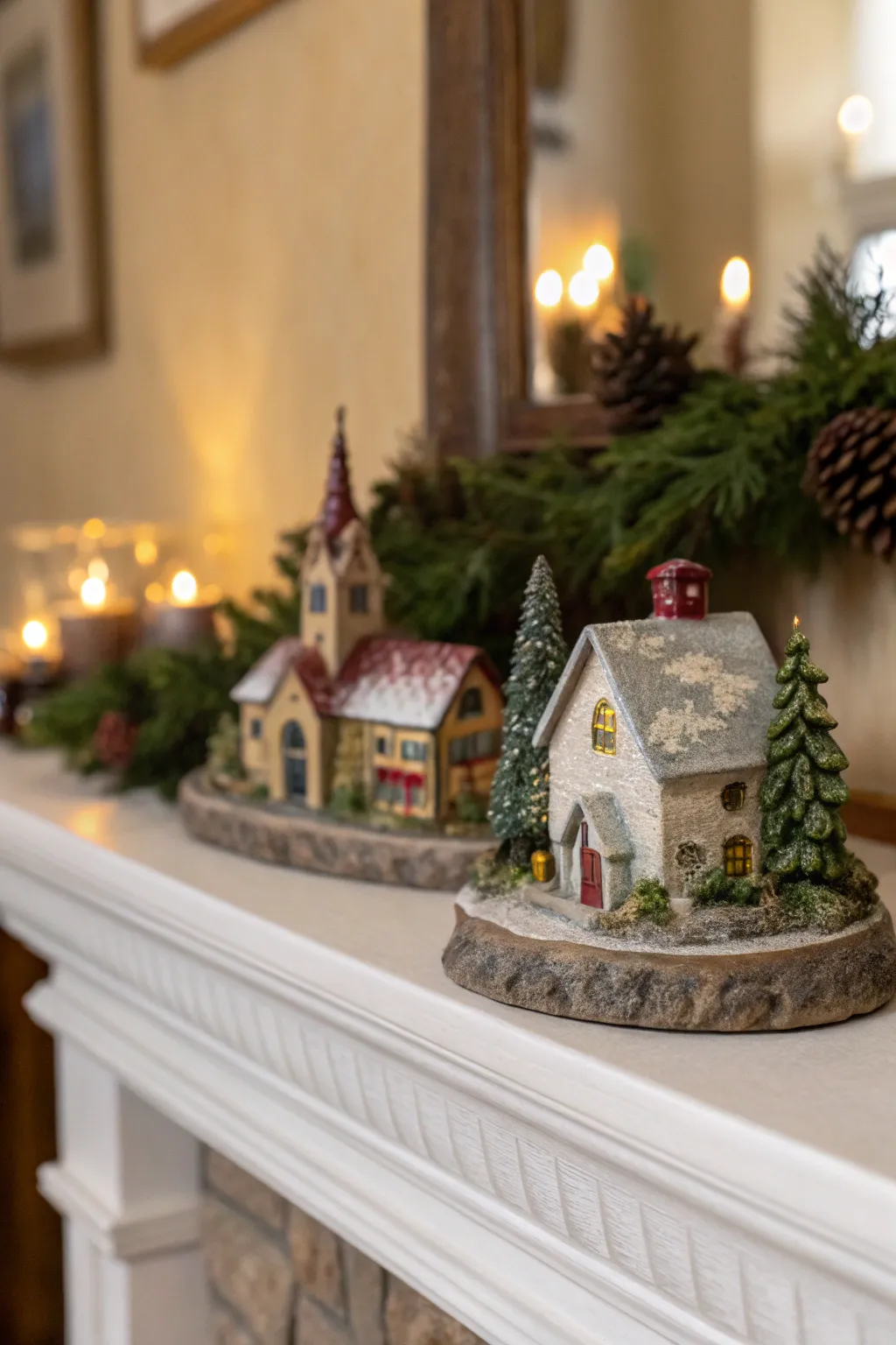 A miniature village sculpture tells a tiny story on a mantelpiece.